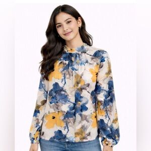 NWT Women's Boutique Watercolor Floral Blouse White Blue Yellow Size M